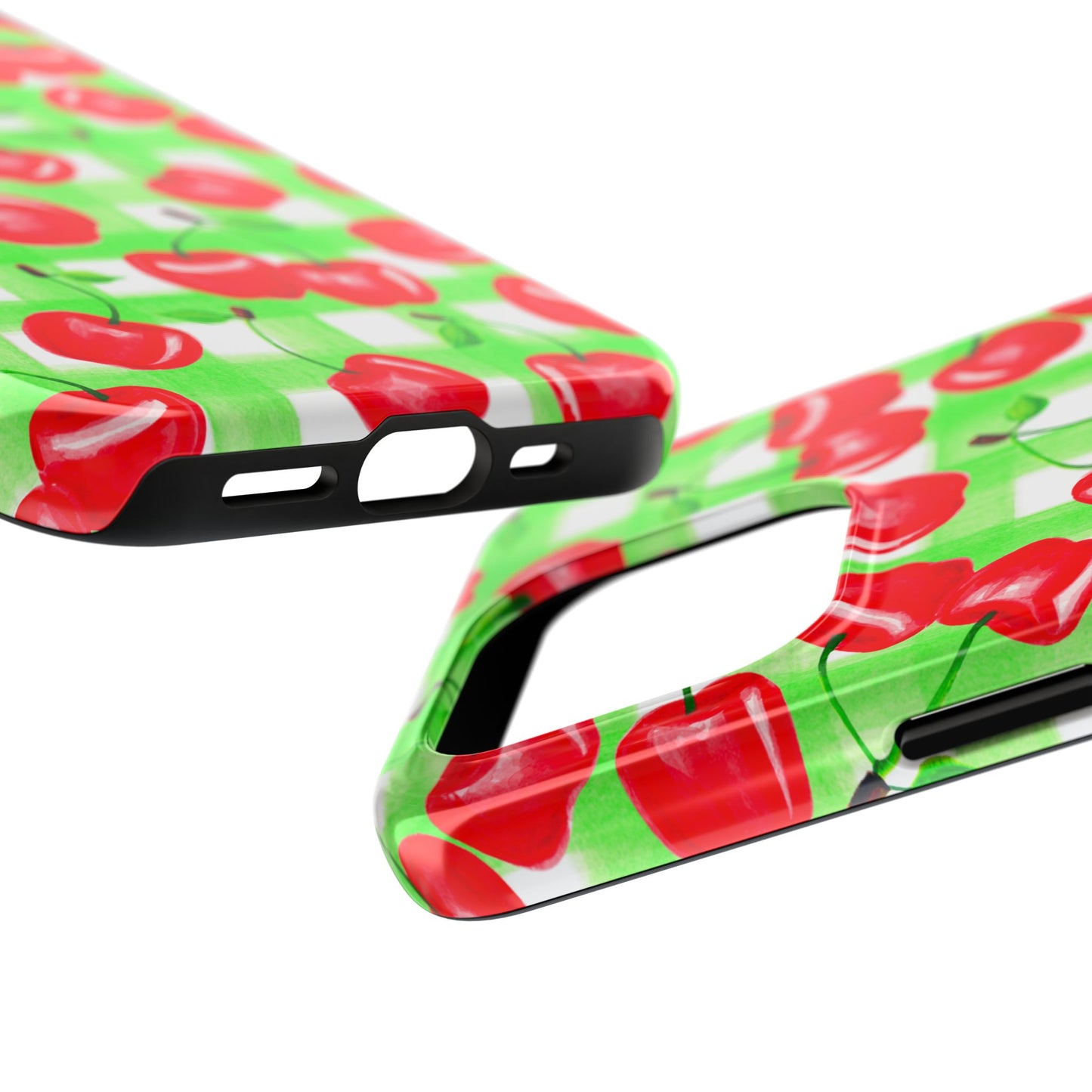 Red Tossed Cherries Green Gingham Watercolor Illustrated Tough Phone Case | Various Models Available