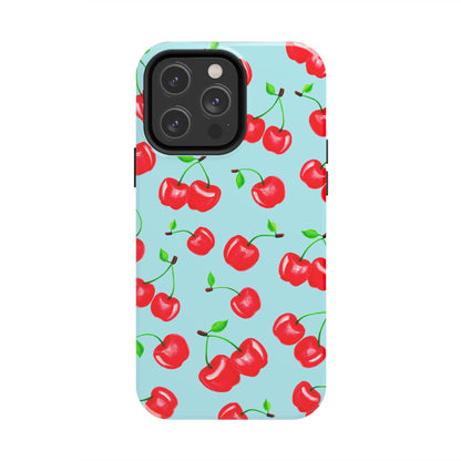Tossed Red Watercolor Cherries Illustrated Pattern Bright Blue Tough Phone Case | Various Models