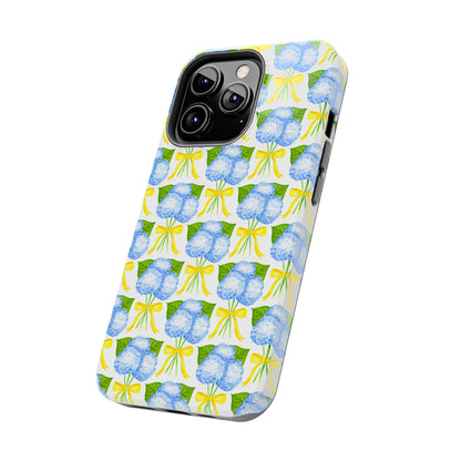 Blue Hydrangea Bouquets with Yellow Bow Ribbon Watercolor Illustrated Patterned Tough Phone Case | Various Models
