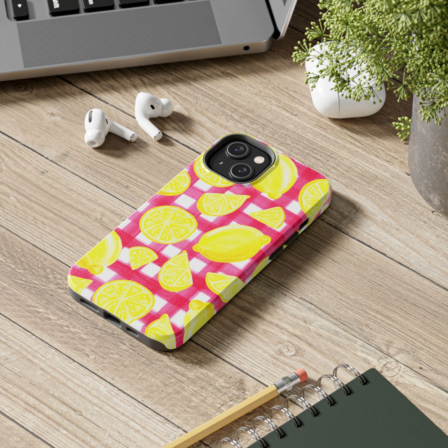Yellow Lemons & Hot Pink Gingham Watercolor Illustrated Tough Phone Case | Various Models Available