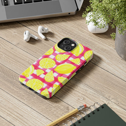 Yellow Lemons & Hot Pink Gingham Watercolor Illustrated Tough Phone Case | Various Models Available