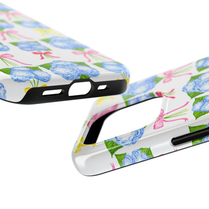 Blue Hydrangeas with Hot Pink, Yellow, Light Pink Bows Watercolor Illustrated Patterned Tough Phone Case | Various Models