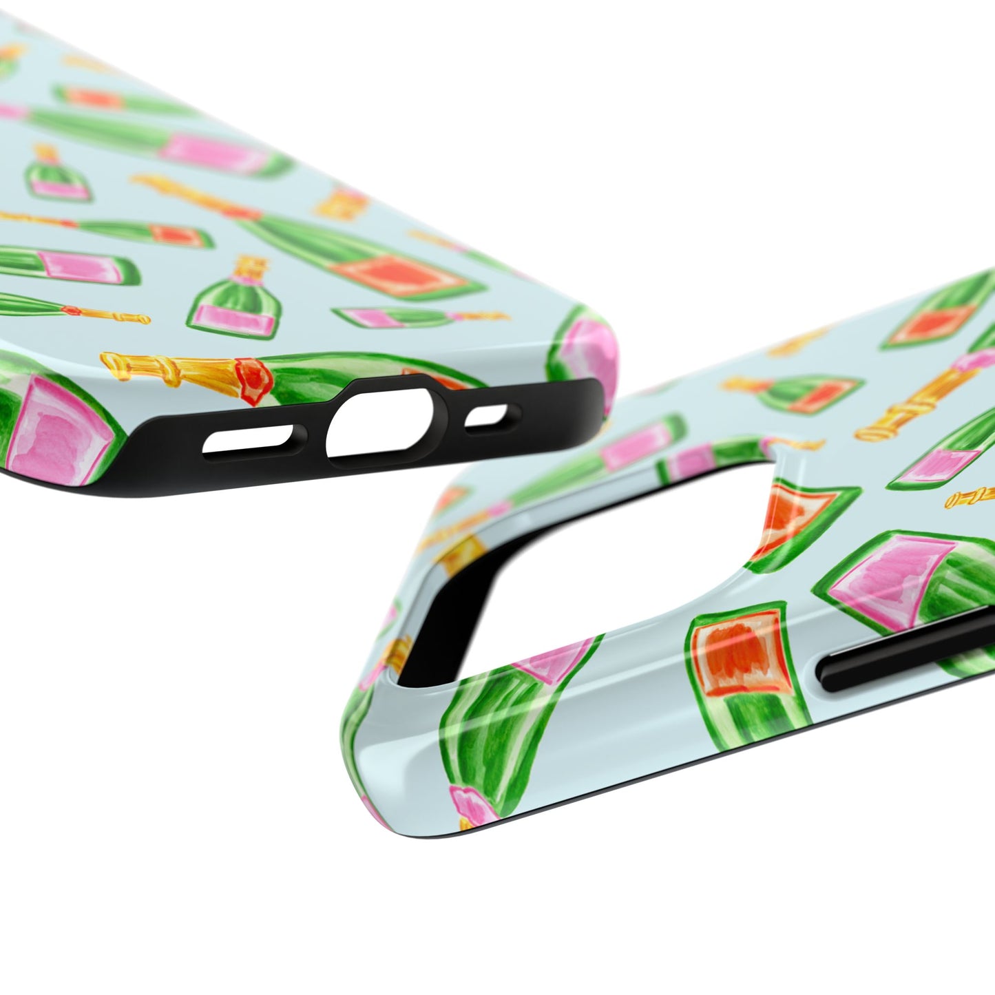 Tossed Pink and Green & Orange and Green Watercolor Illustrated Champagne Bottles Pattern Light Blue Tough Phone Case | Various Models