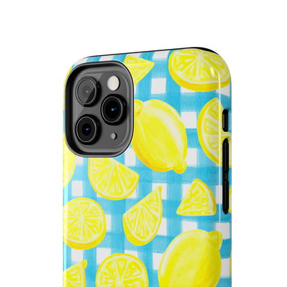 Bright Yellow Lemons Watercolor Illustrated Tossed Pattern Turquoise Gingham Tough Phone Case | Various Models