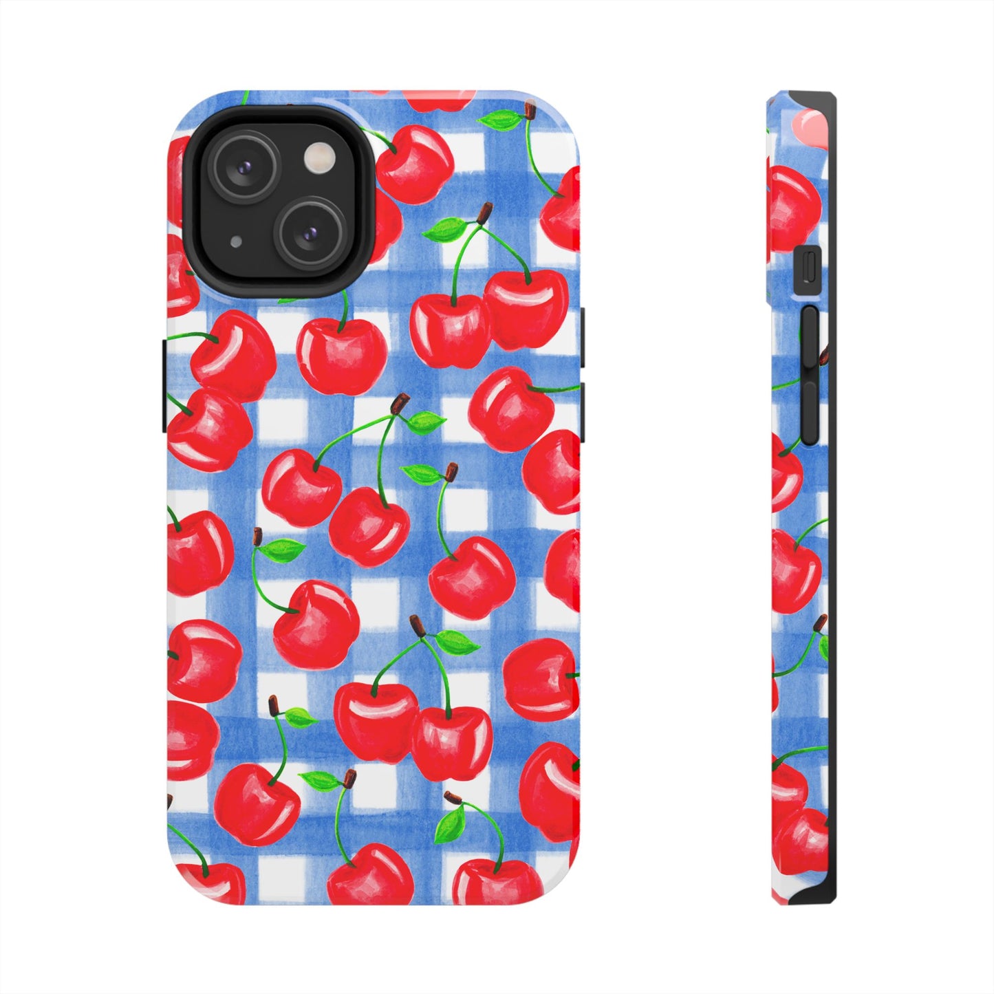 Tossed Red Cherries Blue Gingham Checkered Watercolor Illustrated Tough Phone Case | Various Models