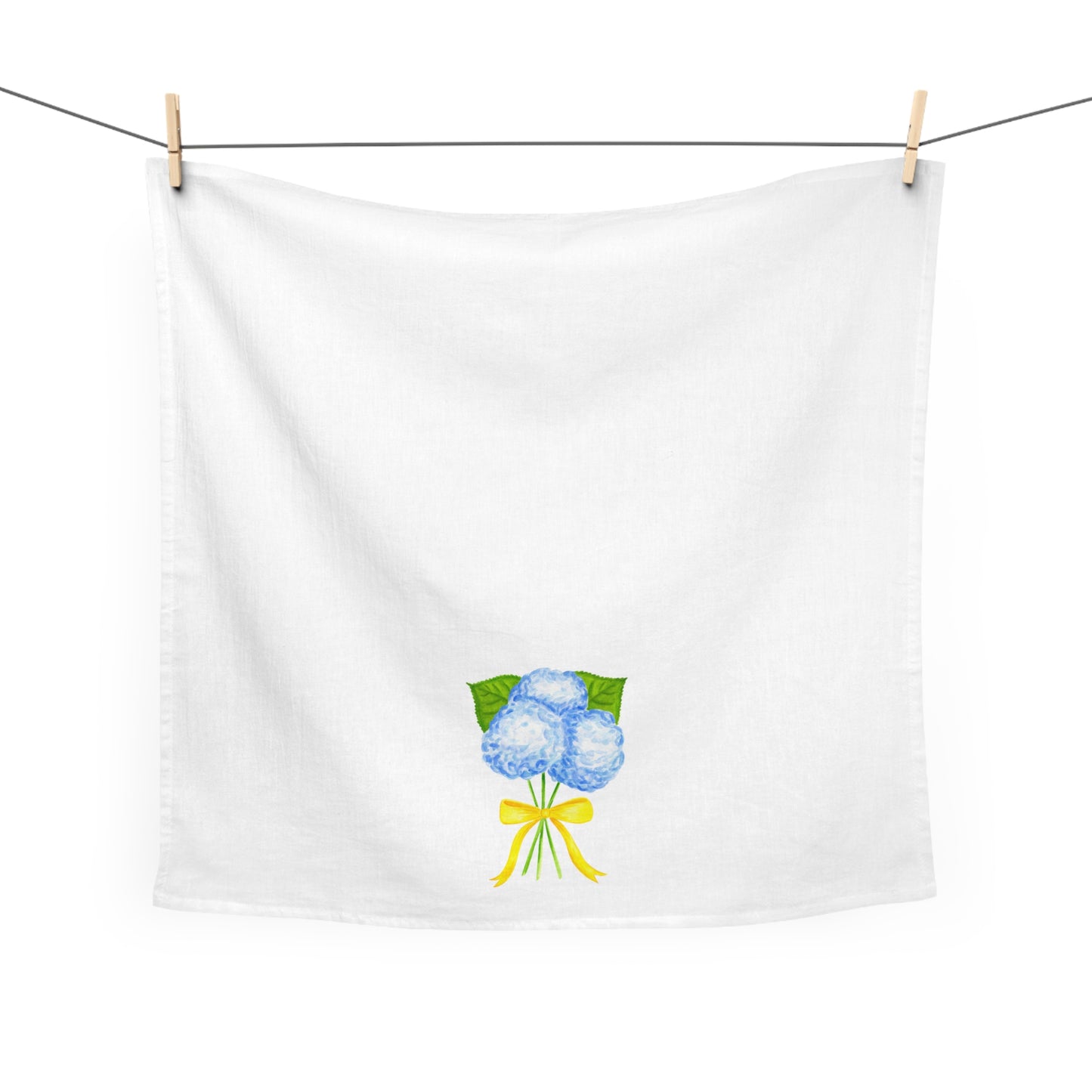 Tea Towel | Watercolor Blue Hydrangeas with Yellow Bow Printed Illustration | Preppy Coastal Kitchen Decor Gifts