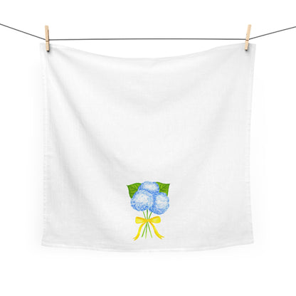 Tea Towel | Watercolor Blue Hydrangeas with Yellow Bow Printed Illustration | Preppy Coastal Kitchen Decor Gifts