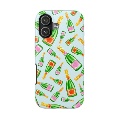 Tossed Pink and Green & Orange and Green Watercolor Illustrated Champagne Bottles Pattern Light Blue Tough Phone Case | Various Models