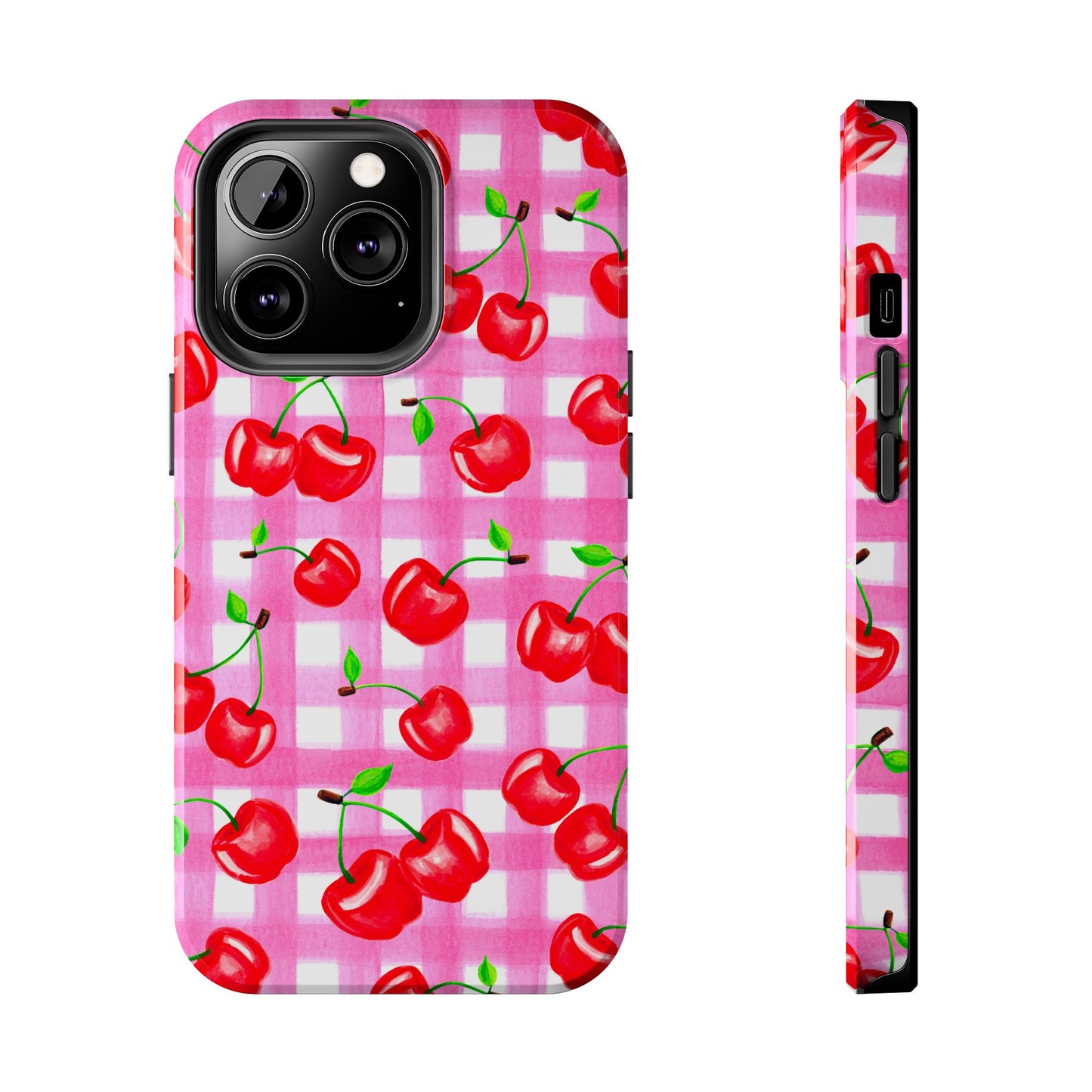 Tossed Red Watercolor Cherries Illustrated Pattern Light Pink Gingham Tough Phone Case | Various Models