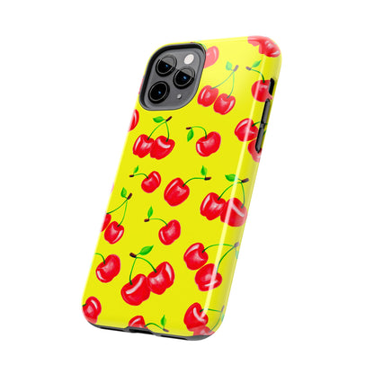 Tossed Red Watercolor Cherries Illustrated Pattern Bright Yellow Tough Phone Case | Various Models