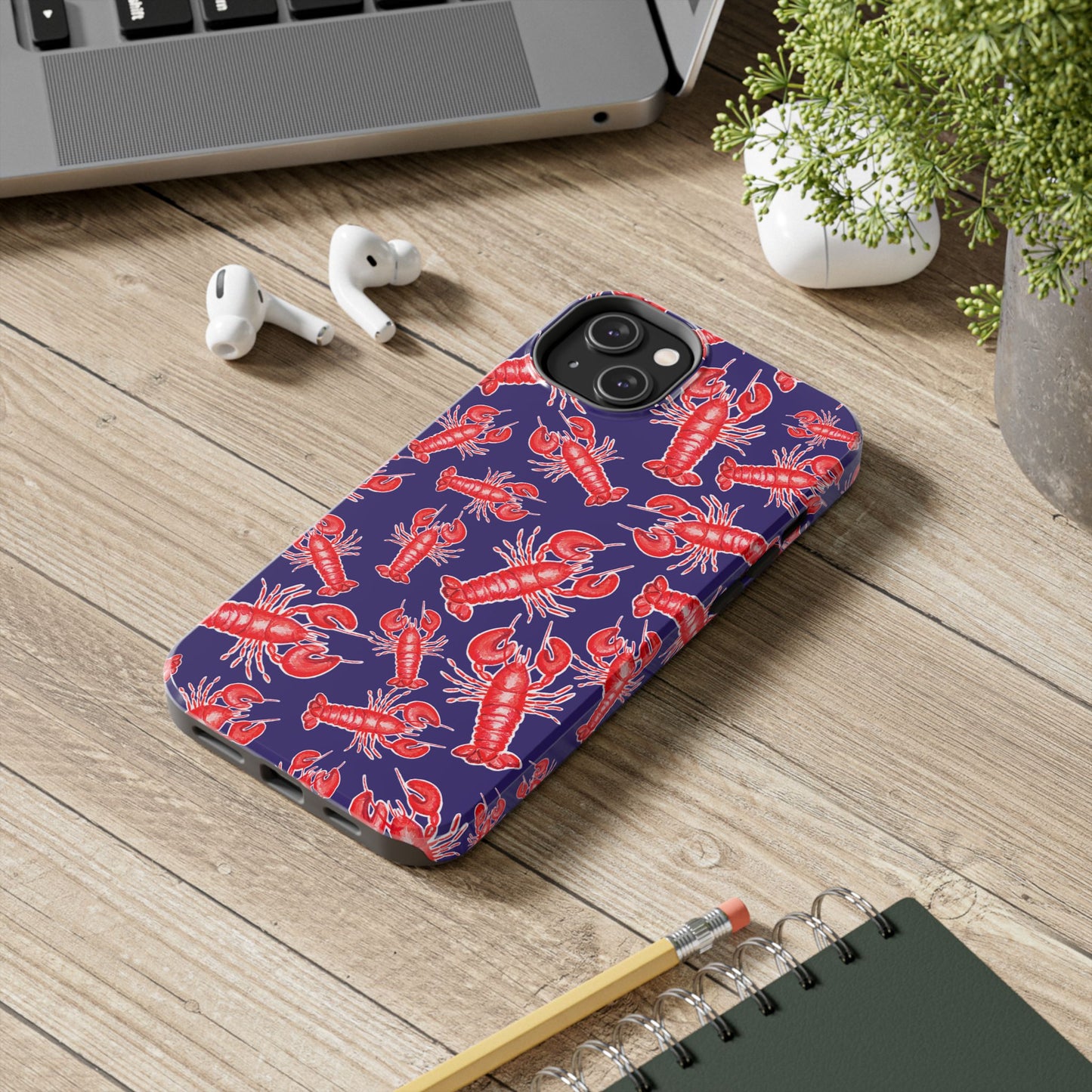 Red Lobster Watercolor Illustrated Tossed Pattern Navy Coastal Nautical Tough Phone Case | Various Models
