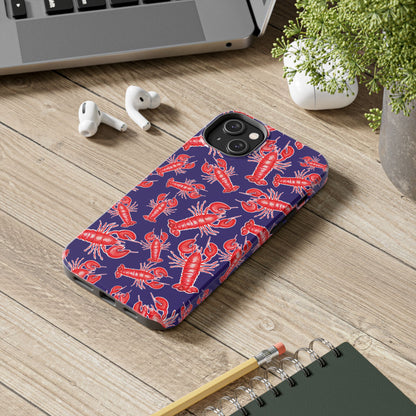 Red Lobster Watercolor Illustrated Tossed Pattern Navy Coastal Nautical Tough Phone Case | Various Models