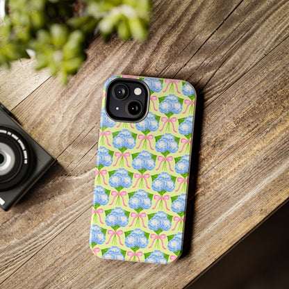 Blue Watercolor Hydrangea Bouquets with Light Pink Bows Watercolor Illustrated Patterned Yellow Tough Phone Case | Various Models