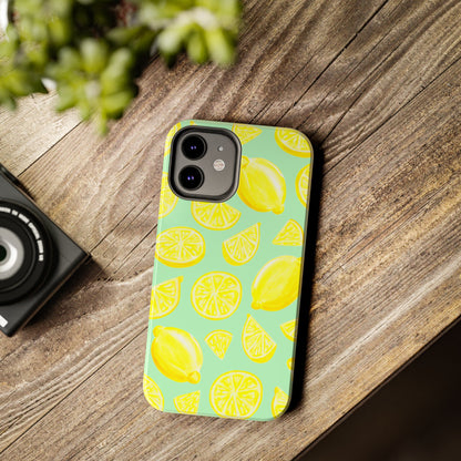 Bright Yellow Lemons Watercolor Illustrated Tossed Pattern Mint Green Tough Phone Case | Various Models