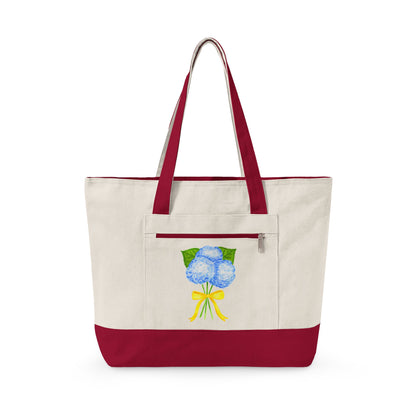 Blue Watercolor Hydrangeas with Yellow Bow Illustration Printed Zippered Canvas Tote 18" x 14" | Various Colors