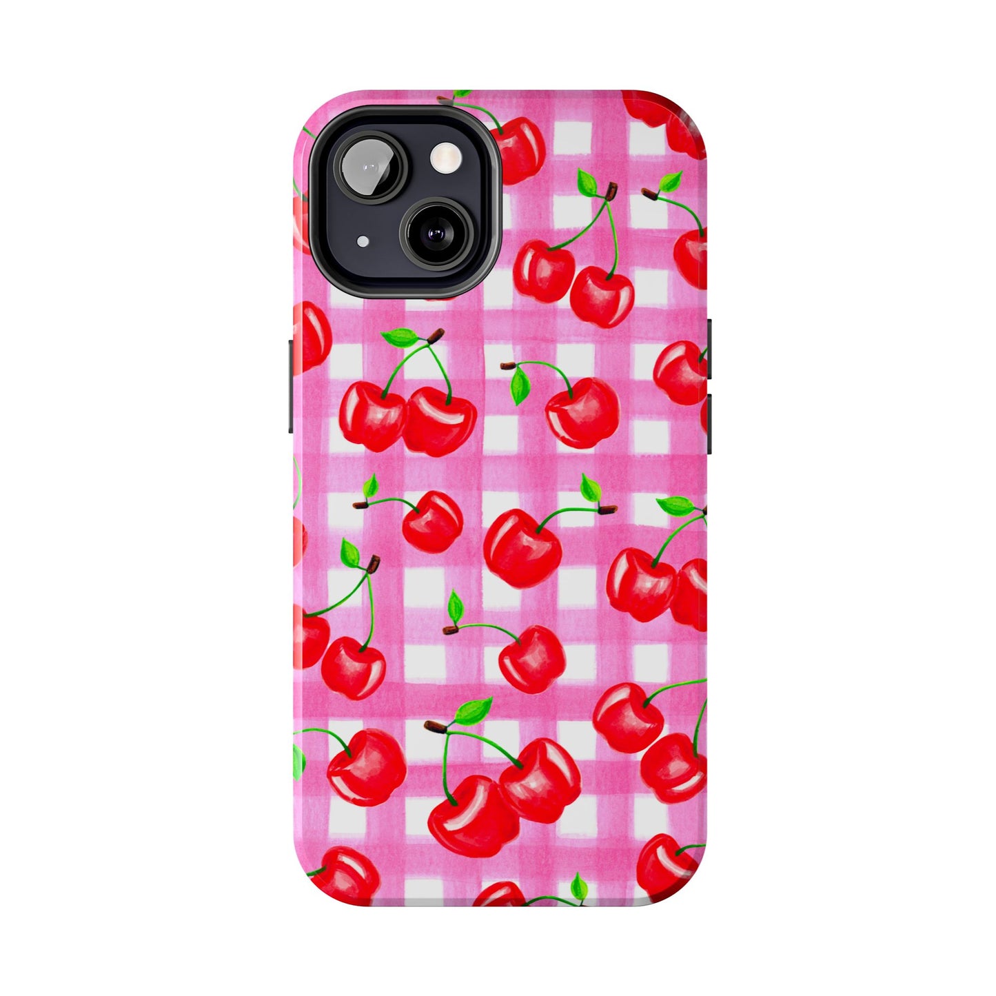Tossed Red Watercolor Cherries Illustrated Pattern Light Pink Gingham Tough Phone Case | Various Models