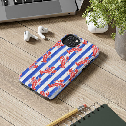 Blue & White Strip Red Lobster Watercolor Patterned Phone Case | Various Models