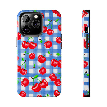 Tossed Red Watercolor Illustrated Cherries Light Blue Gingham Tough Phone Case | Various Models