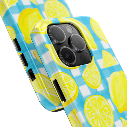 Yellow Lemons & Turquoise Gingham Watercolor Illustrated Tough Phone Case | Various Models Available