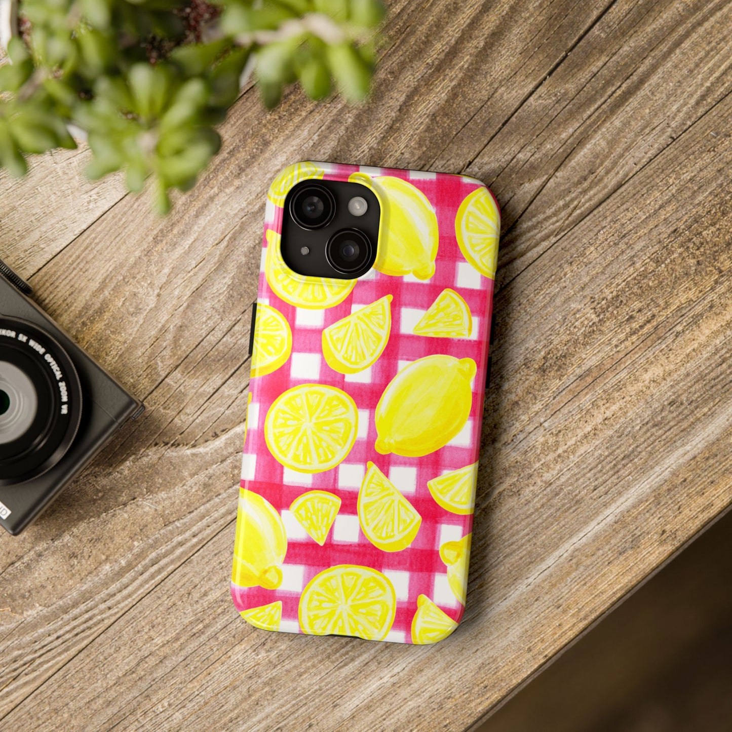 Yellow Lemons & Hot Pink Gingham Watercolor Illustrated Tough Phone Case | Various Models Available