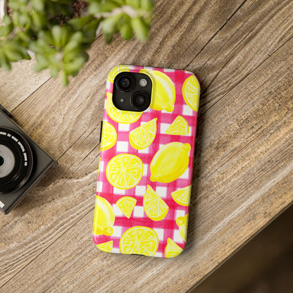 Yellow Lemons & Hot Pink Gingham Watercolor Illustrated Tough Phone Case | Various Models Available