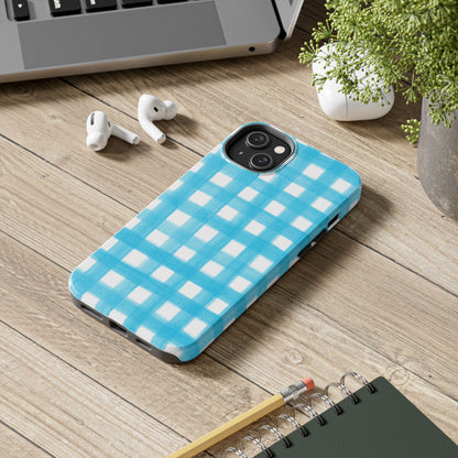 Turquoise Gingham Watercolor Illustrated Tough Phone Case | Various Models Available