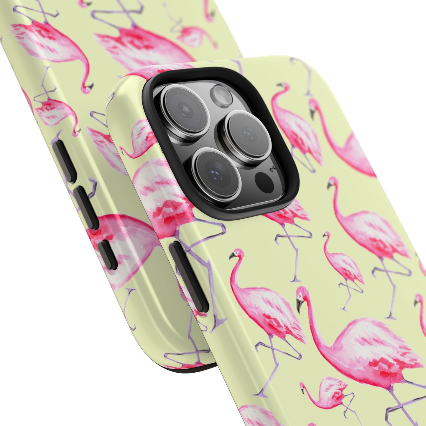 Pink Flamingos Watercolor Illustrated Tossed Pattern Yellow Phone Case | Various Models
