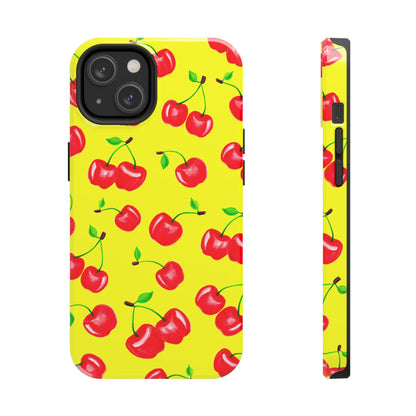 Tossed Red Watercolor Cherries Illustrated Pattern Bright Yellow Tough Phone Case | Various Models