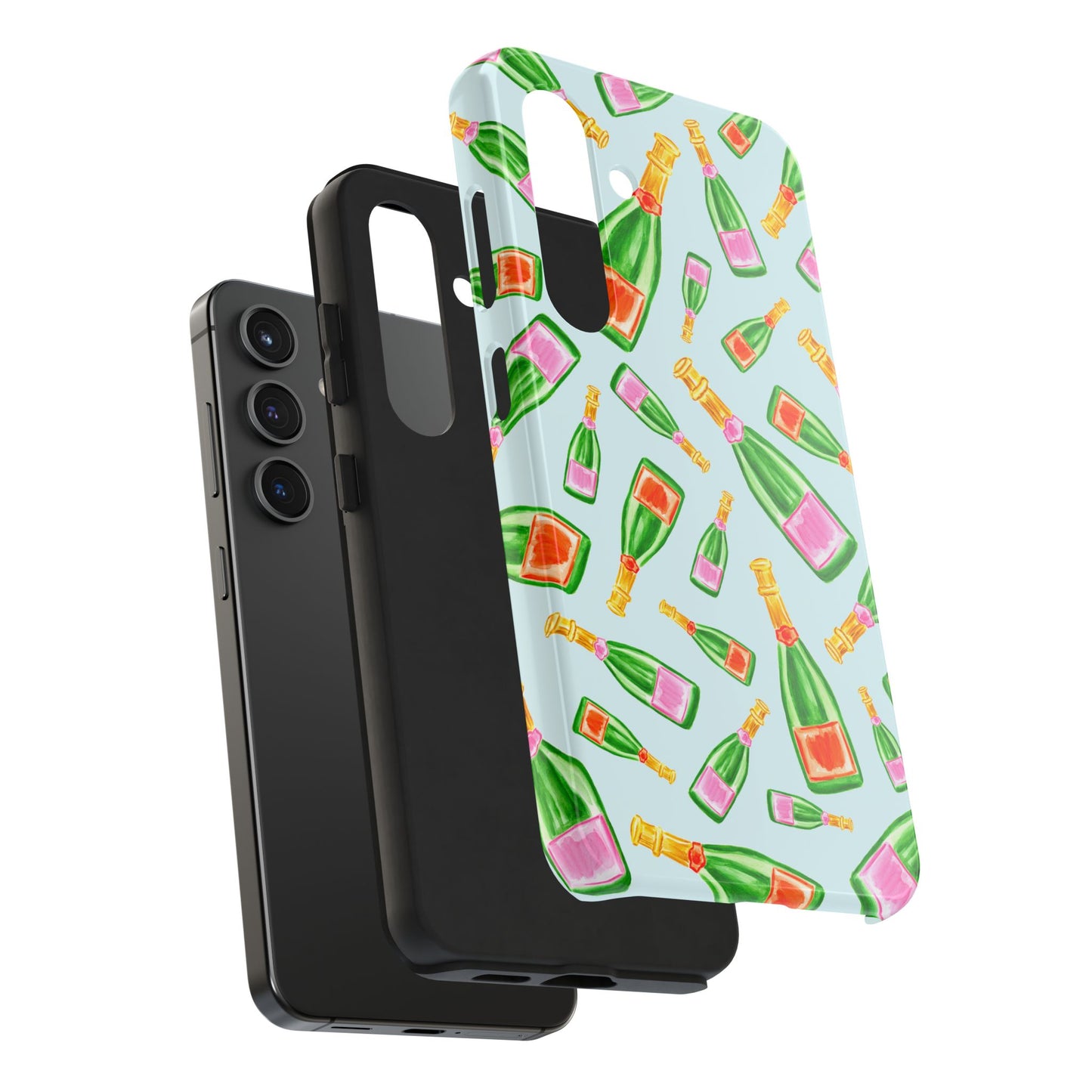 Tossed Pink and Green & Orange and Green Watercolor Illustrated Champagne Bottles Pattern Light Blue Tough Phone Case | Various Models