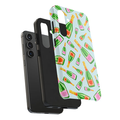 Tossed Pink and Green & Orange and Green Watercolor Illustrated Champagne Bottles Pattern Light Blue Tough Phone Case | Various Models