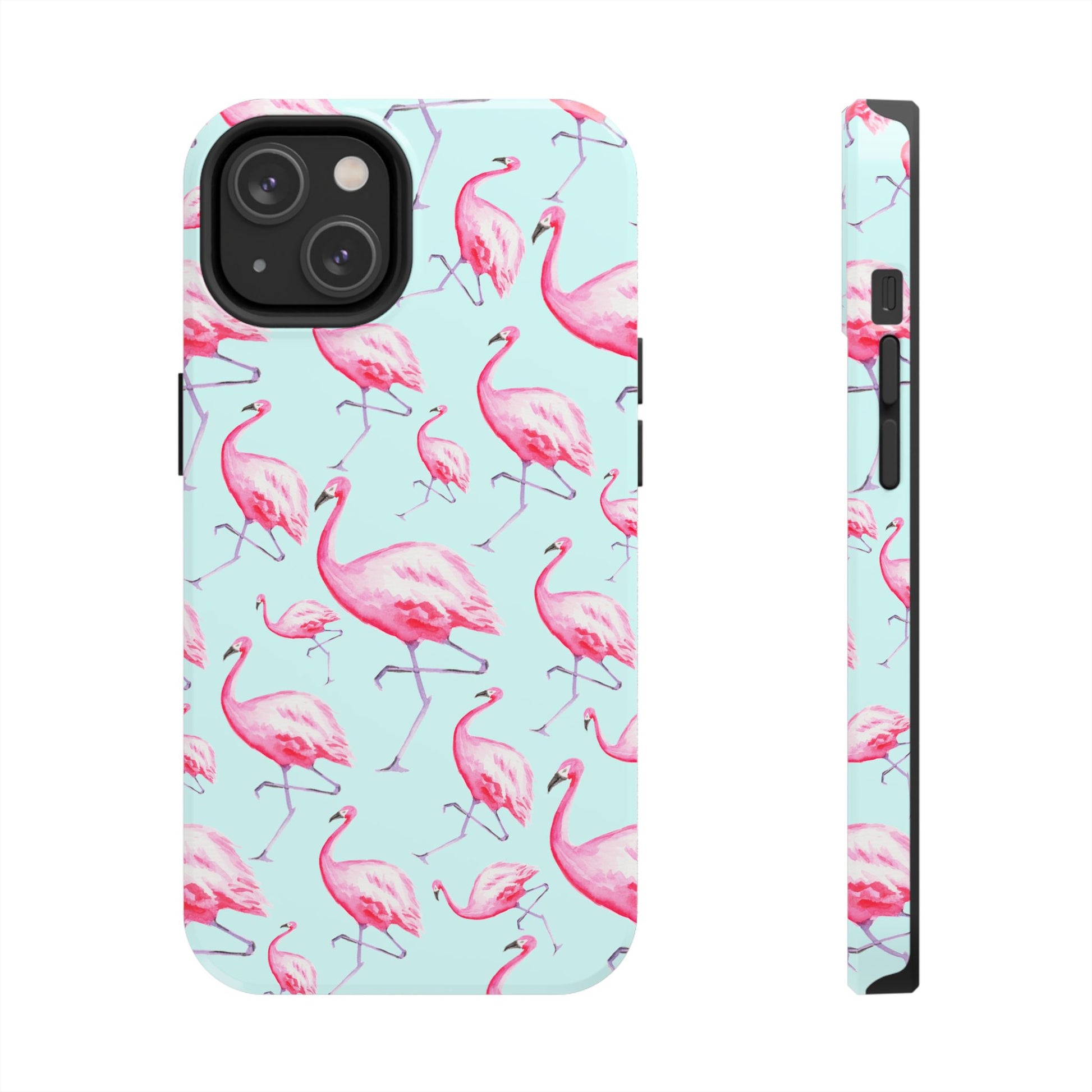 Pink Flamingos Watercolor Illustrated Tossed Pattern Blue Phone Case | Various Models iPhone 14