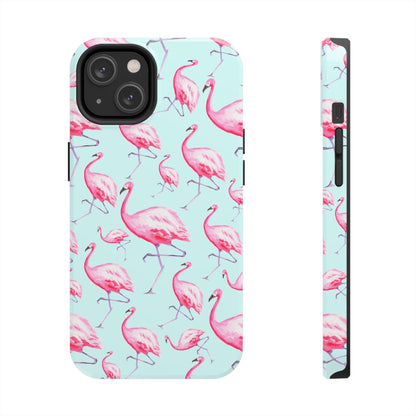 Pink Flamingos Watercolor Illustrated Tossed Pattern Blue Phone Case | Various Models iPhone 14