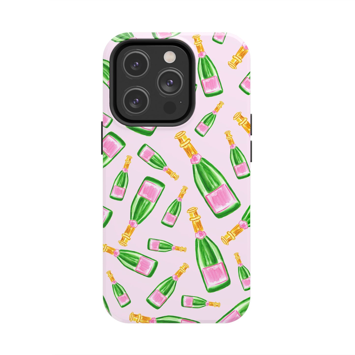 Tossed Pink and Green Watercolor Illustrated Champagne Bottles Pattern Blush Pink Tough Phone Case | Various Models