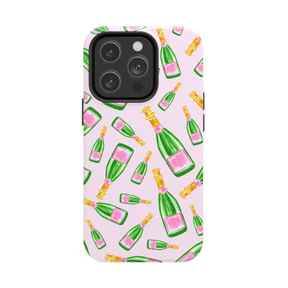 Tossed Pink and Green Watercolor Illustrated Champagne Bottles Pattern Blush Pink Tough Phone Case | Various Models
