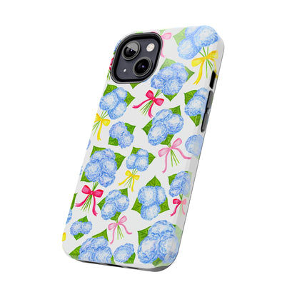 Blue Watercolor Hydrangea Bunches with Hot Pink, Yellow, Light Pink Bows Illustrated Patterned Tough Phone Case | Various Models