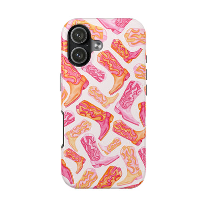 Tossed Hot Pink & Orange Watercolor Cowboy Boots Tough Light Pink Phone Case | Various Models Available iPhone 17