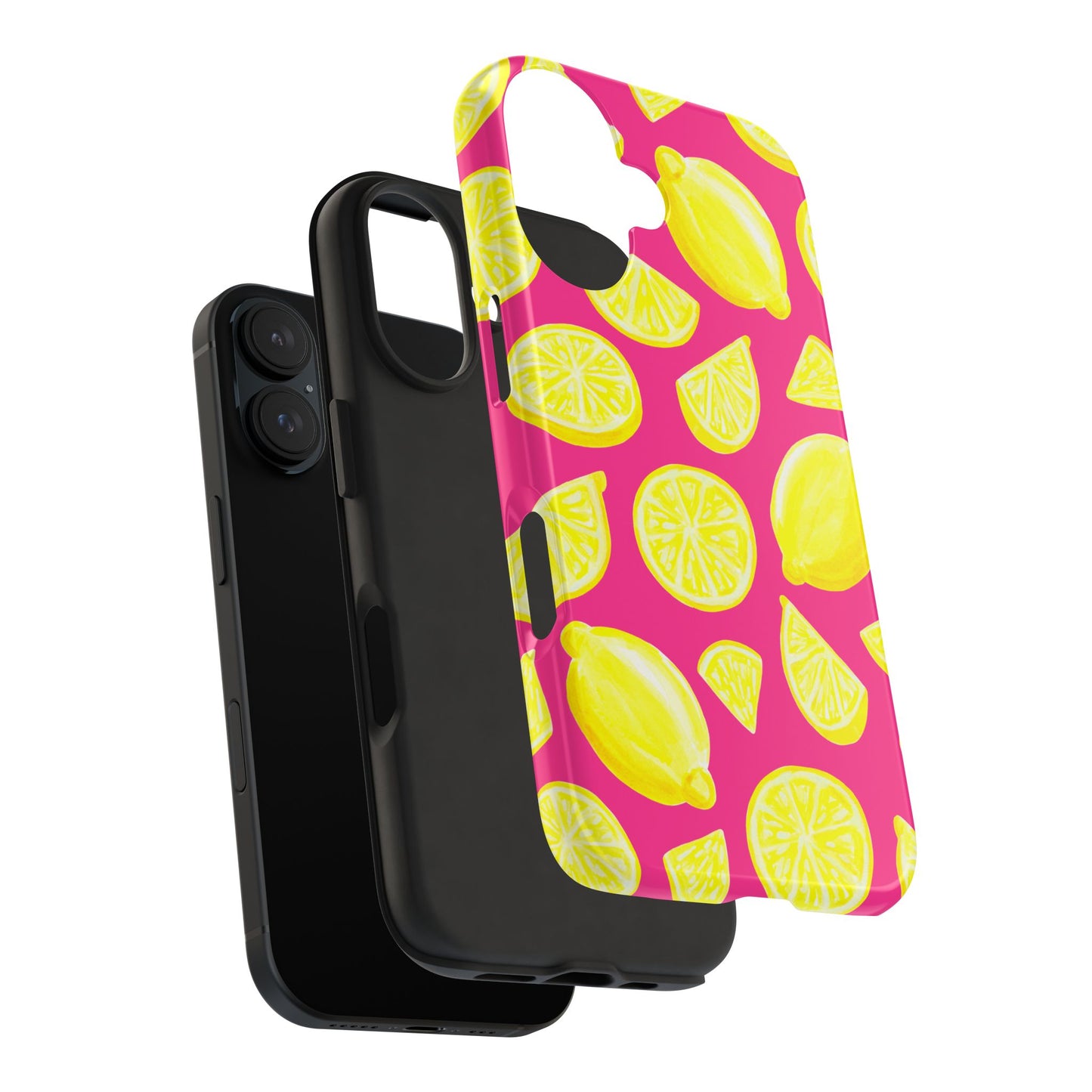 Bright Yellow Lemons Watercolor Illustrated Tossed Pattern Watermelon Pink Tough Phone Case | Various Models