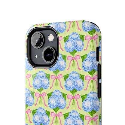 Blue Watercolor Hydrangea Bouquets with Light Pink Bows Watercolor Illustrated Patterned Yellow Tough Phone Case | Various Models