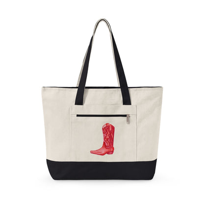 Red Cowboy Boot Watercolor Printed Zippered Canvas Tote 18" x 14" | Various Colors