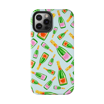 Tossed Pink and Green & Orange and Green Watercolor Illustrated Champagne Bottles Pattern Light Blue Tough Phone Case | Various Models