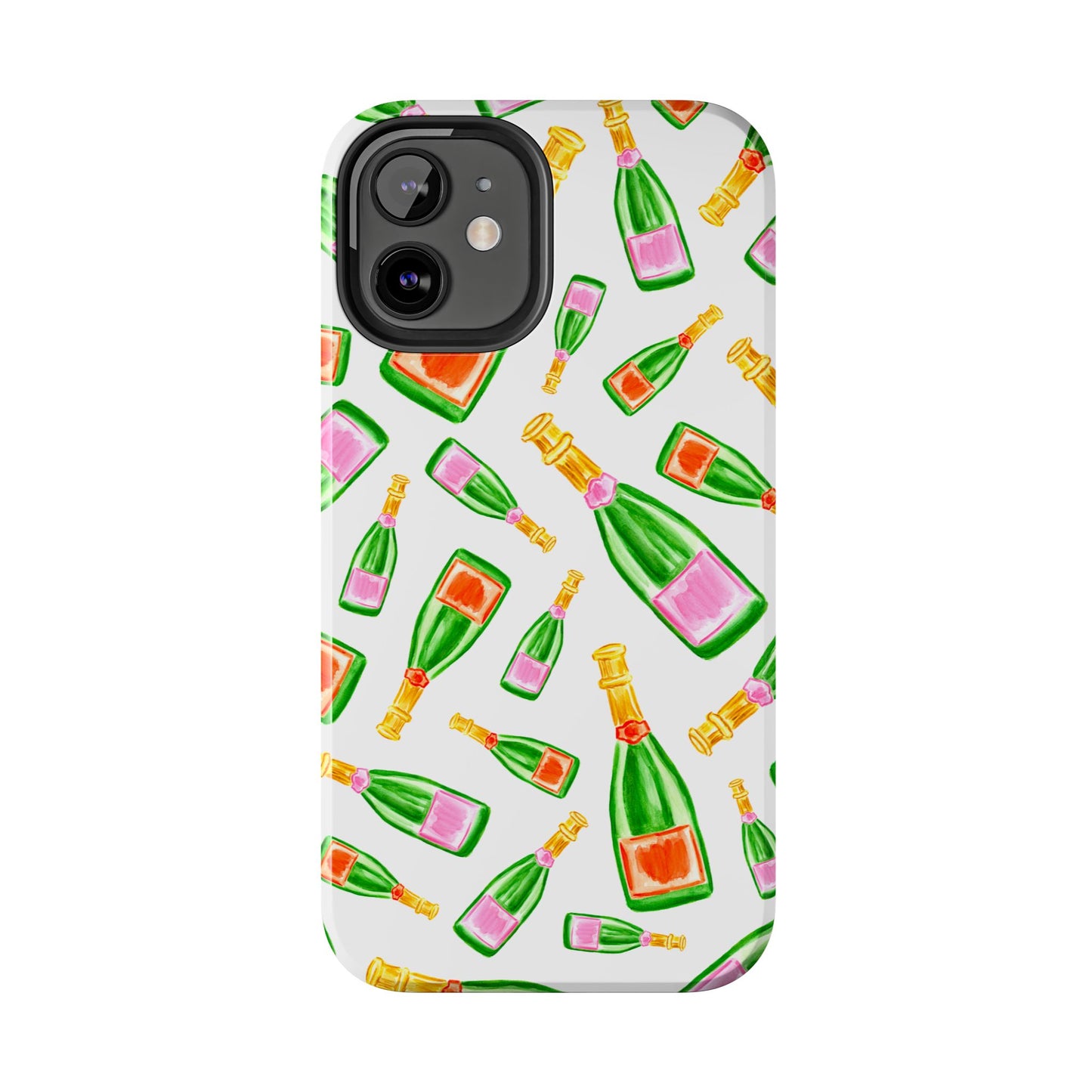 Tossed Pink and Green & Orange and Green Watercolor Illustrated Champagne Bottles Pattern Tough Phone Case | Various Models