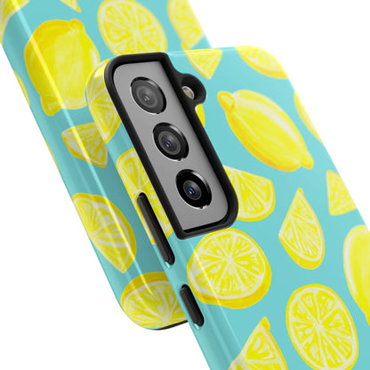 Bright Yellow Lemons Watercolor Illustrated Tossed Pattern Turquoise Blue Tough Phone Case | Various Models