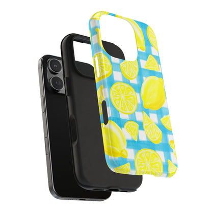 Yellow Lemons & Turquoise Gingham Watercolor Illustrated Tough Phone Case | Various Models Available