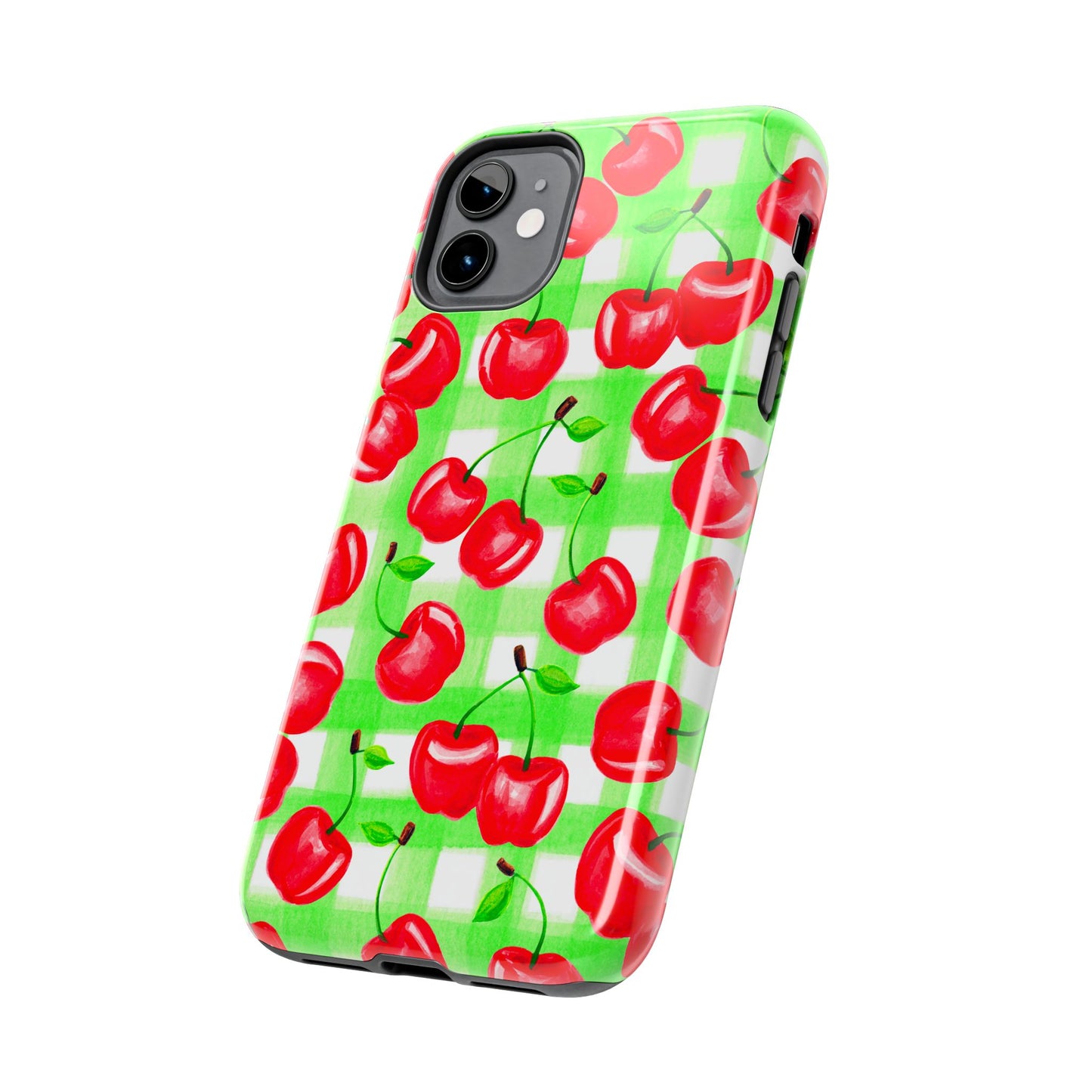 Red Tossed Cherries Green Gingham Watercolor Illustrated Tough Phone Case | Various Models Available