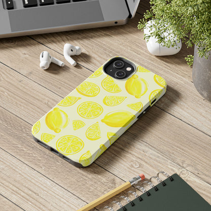 Bright Yellow Lemons Watercolor Illustrated Tossed Pattern Pale Yellow Tough Phone Case | Various Models