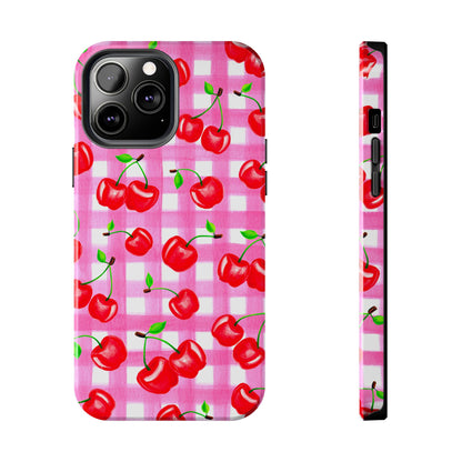Tossed Red Watercolor Cherries Illustrated Pattern Light Pink Gingham Tough Phone Case | Various Models