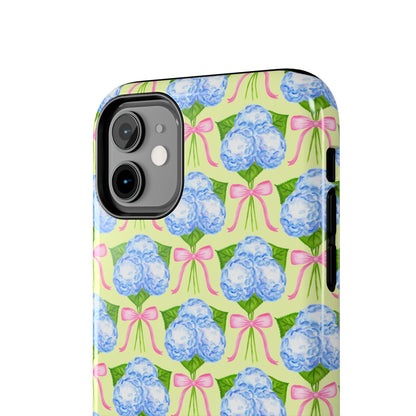 Blue Watercolor Hydrangea Bouquets with Light Pink Bows Watercolor Illustrated Patterned Yellow Tough Phone Case | Various Models