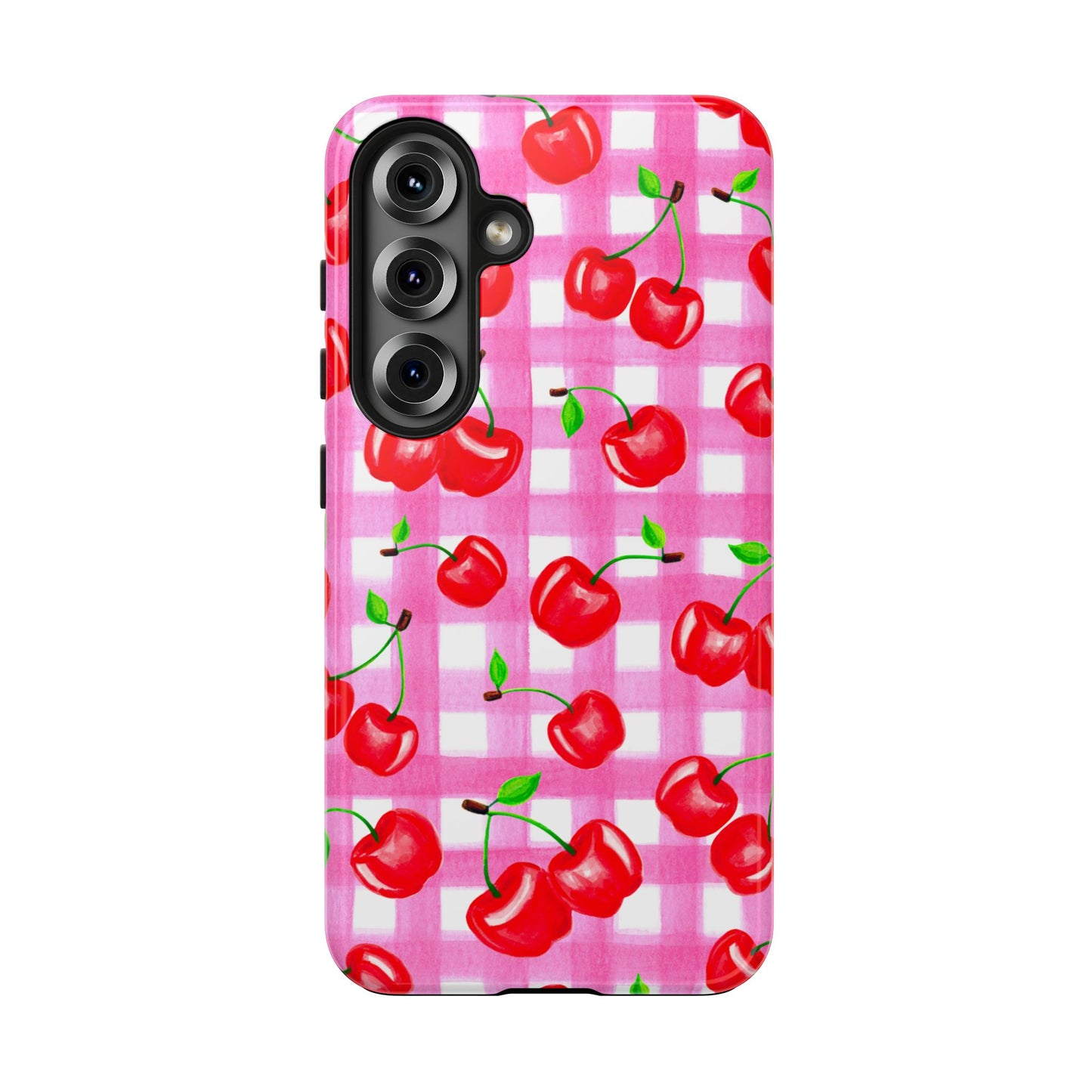 Tossed Red Watercolor Cherries Illustrated Pattern Light Pink Gingham Tough Phone Case | Various Models
