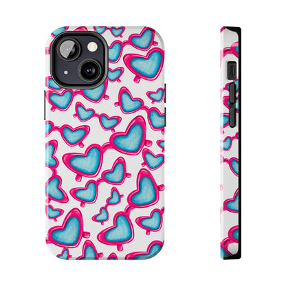 Pink & Blue Heart Shaped Sunglasses Watercolor Illustrated Tossed Pattern Tough Case | Various Models iPhone 13 Mini