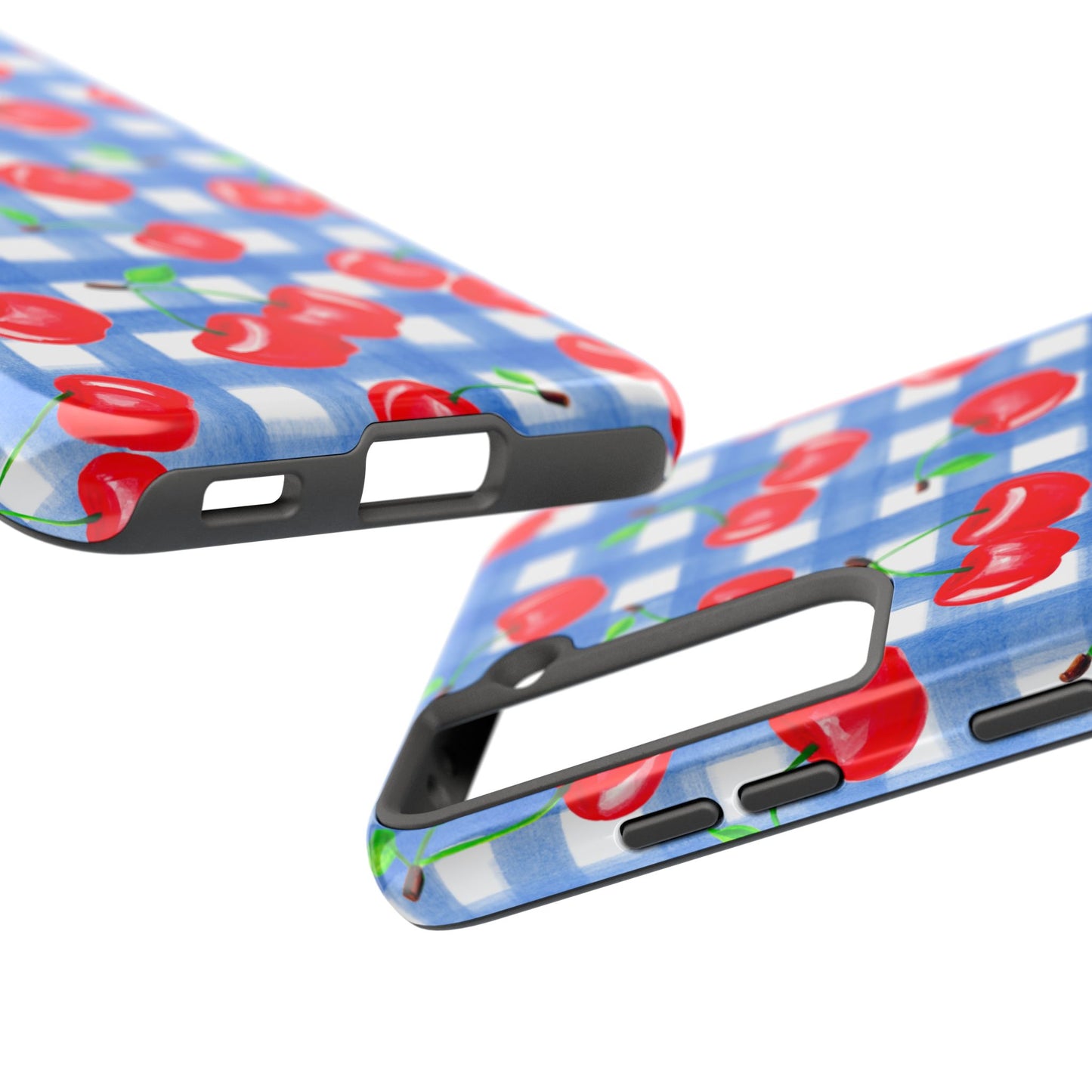 Tossed Red Watercolor Illustrated Cherries Light Blue Gingham Tough Phone Case | Various Models